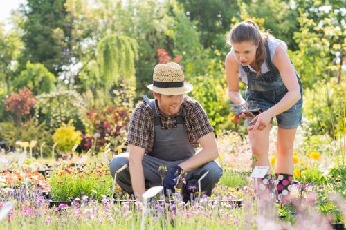 Gardener at work addressing a client concern in a suburban garden
