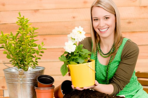 The image depicts a young woman with light brown hair smilingly holding a yellow ceramic flowerpot containing a flowering plant with white blossoms, situated outdoors in a garden setting. The garden includes a well-maintained lawn with dense, lush green grass in the foreground, bordered by a wooden fence or wall in the background. To her left, there is a silver metal bucket housing a leafy green shrub, and adjacent to it are an orange terracotta pot and a smaller black plastic pot, both empty. The natural lighting suggests a bright, possibly sunny day, highlighting the vibrant green foliage and fresh blooms. This scene exemplifies gardening activities such as potting and plant care, typical of outdoor garden maintenance services. The setting appears tidy and organized, with a peaceful, inviting atmosphere suitable for gardening and landscaping enhancements in the Ickenham area, just south of London. Gardening Services Ickenham offers professional support in garden planting, maintenance, and improvement, as reflected in the well-kept appearance of the garden. The careful arrangement of plants, pots, and garden elements emphasizes the importance of outdoor space management and plant nurturing in residential gardens.