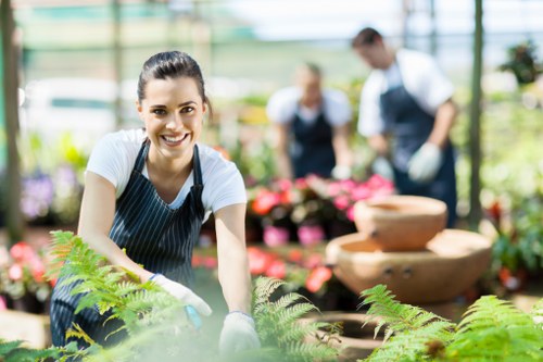 A woman wearing a striped apron and gloves is smiling while tending to plants in a bright, spacious greenhouse or garden centre. She is leaning over a bed of lush green ferns, with her hands near the plants. Behind her, other staff members are slightly out of focus, working among a variety of flowering plants and shrubs arranged in rows. The environment features natural light filtering through large glass panels, creating a warm and inviting atmosphere typical of a commercial gardening or landscaping service in Ickenham. The scene emphasizes healthy, green foliage and well-maintained plant beds, with hints of pink and red flowers visible. The setting suggests professional gardening and plant care, supported by a clean and organized space that highlights outdoor plant arrangements suitable for garden landscaping in the local area.